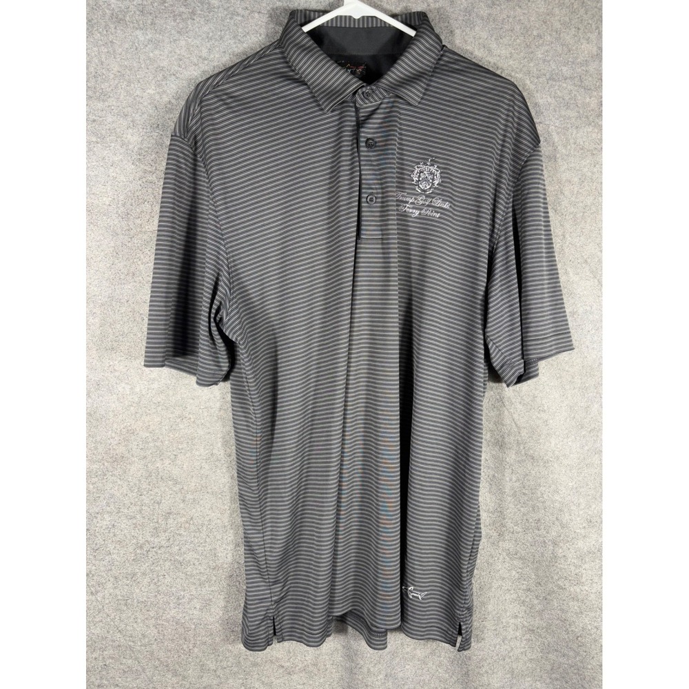 Greg Norman Trump Golf‎ Links Ferry Point Striped Polo Shirt Mens XL Grey Black